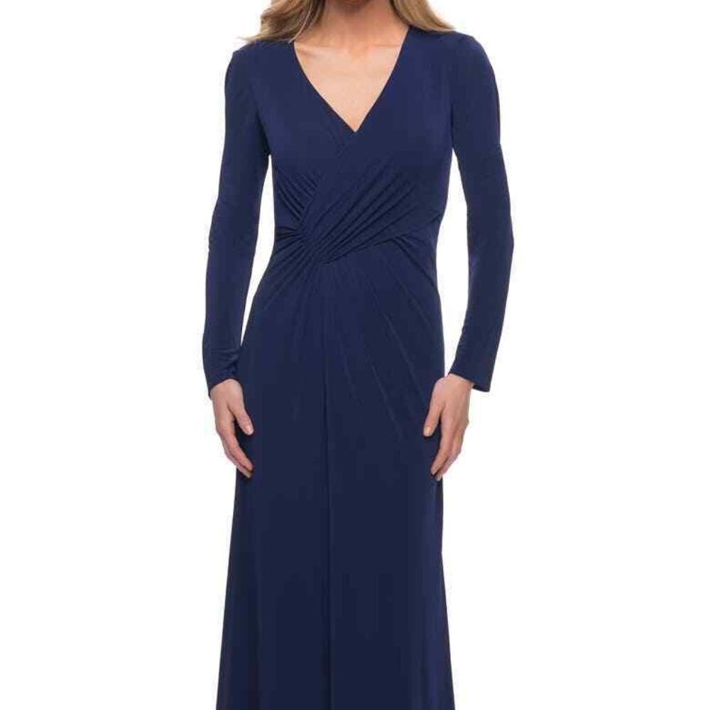 La Femme Navy Blue Ruched Long Sleeve Jersey Sheath Gown